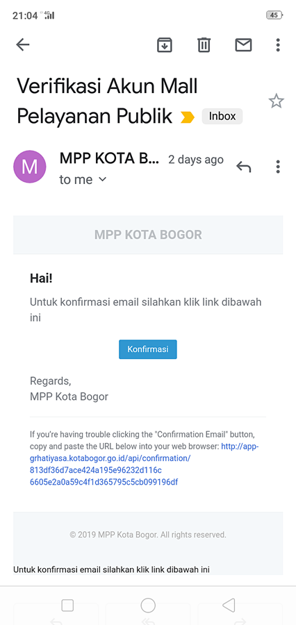 Email verifikasi pendaftaran antrian online MPP Mal Pelayanan Publik Kota Bogor