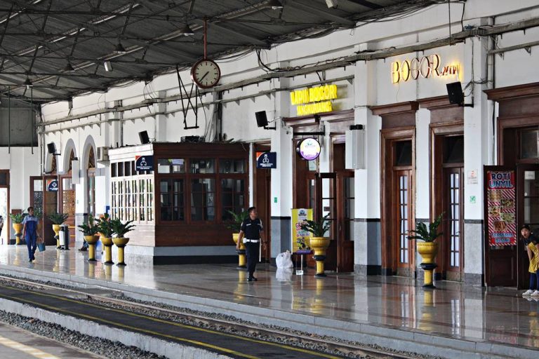 Membersihkan Daun Tanaman Hias di Stasiun Bogor